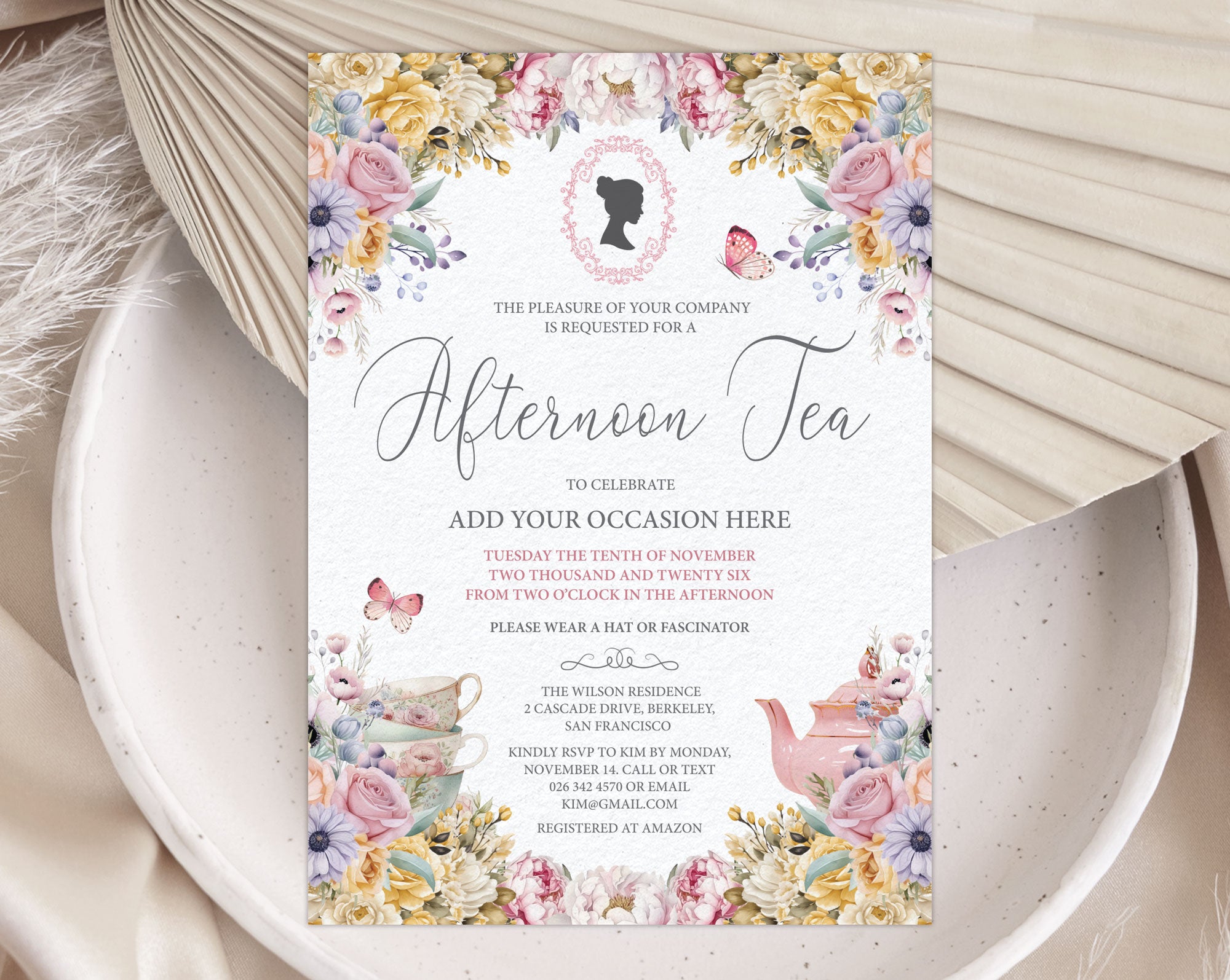 Regency Afternoon Tea Invitation, Pastel, Cameo, Teapot, Cups (5x7 Corjl Editable Digital Template)