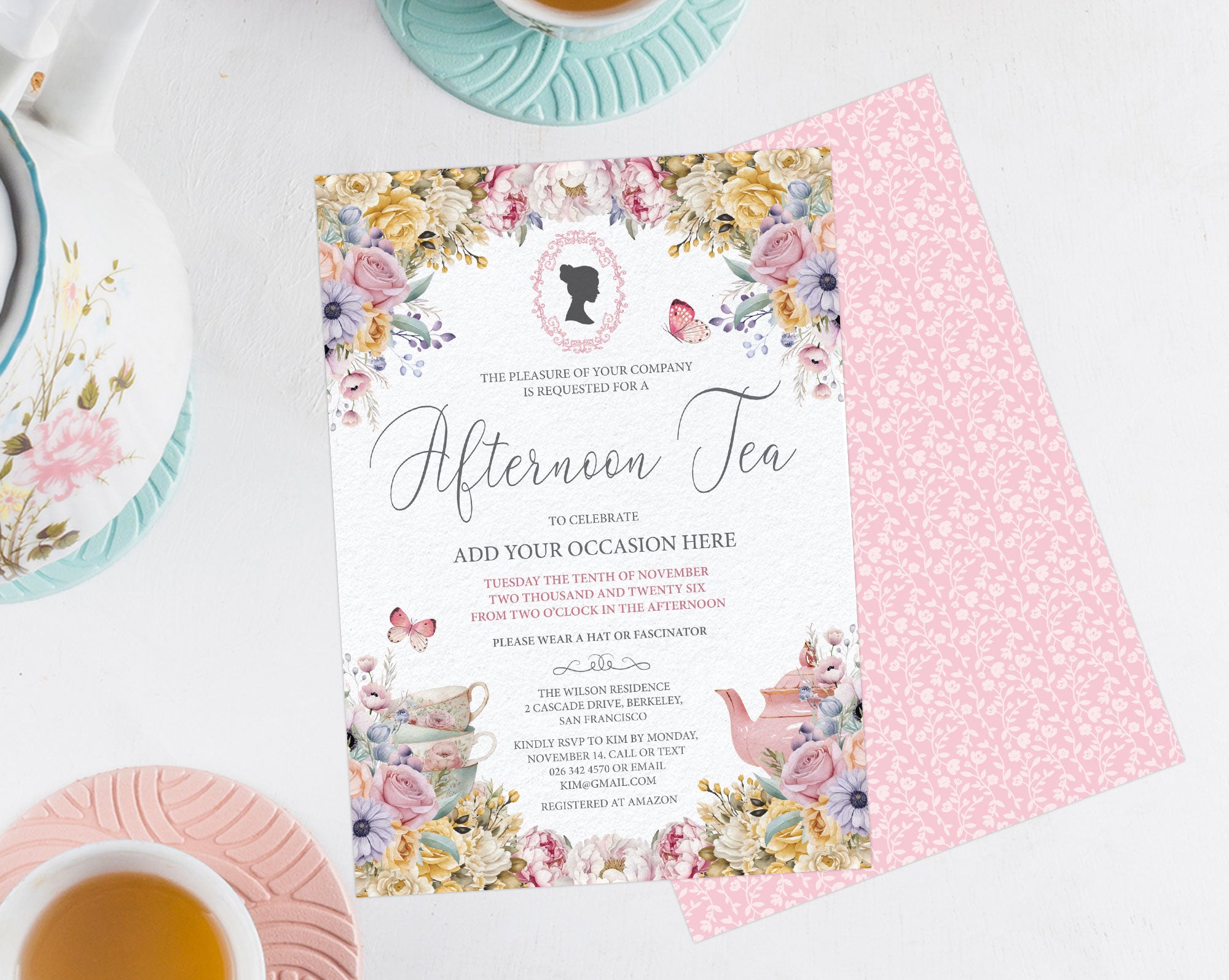 Pretty Regency Style Cameo Invitation with pink pattern back