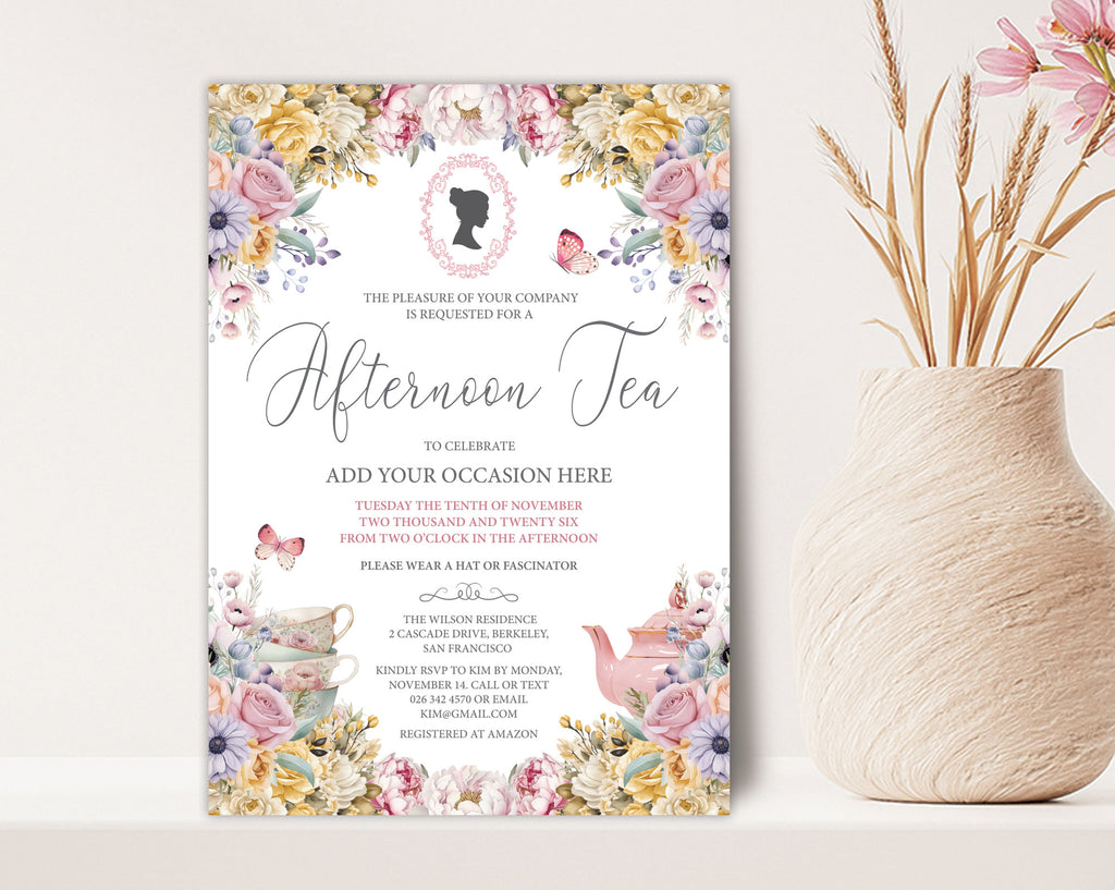 Pastel Flower Tea Party Invitation with Cameo