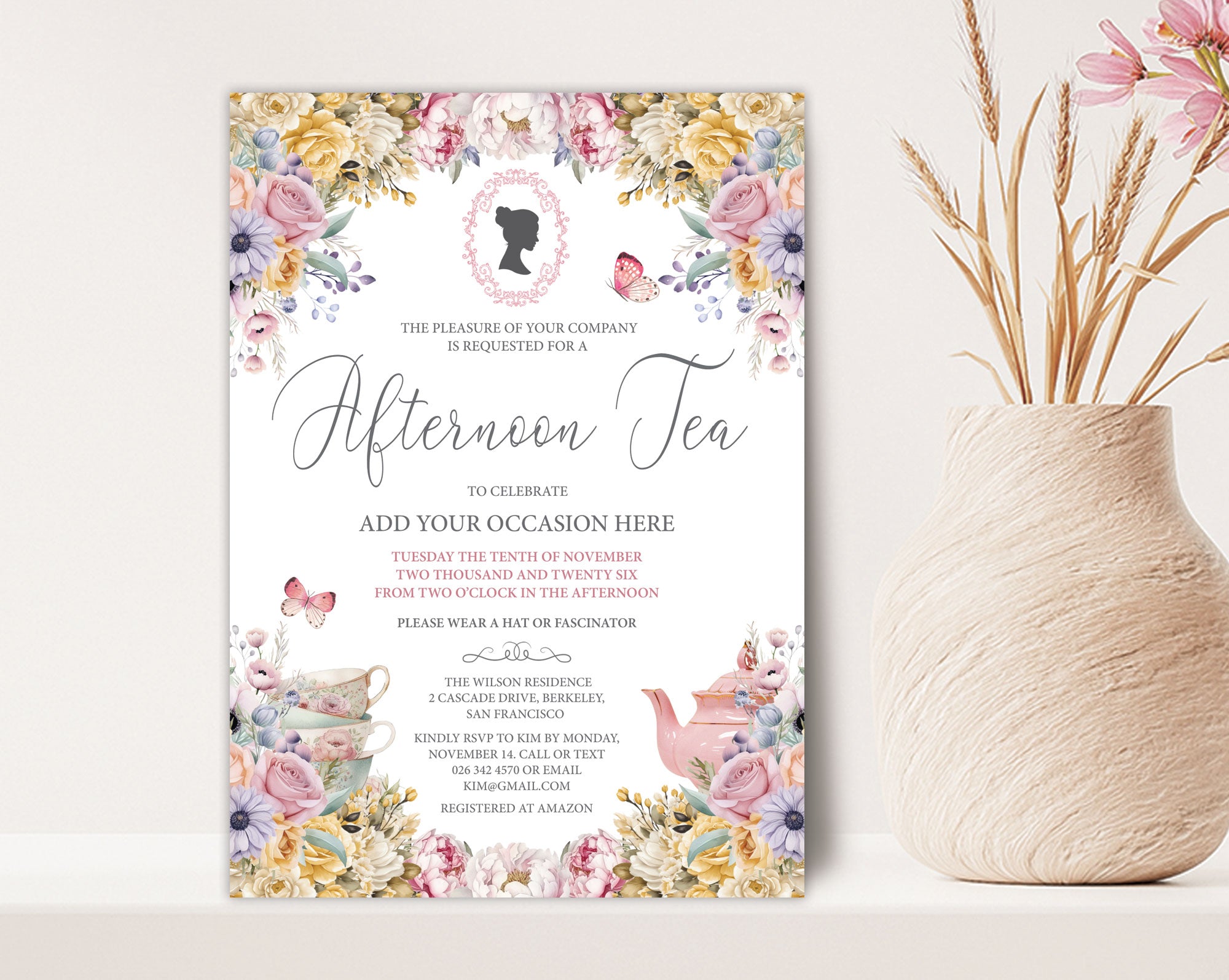 Pastel Flower Tea Party Invitation with Cameo