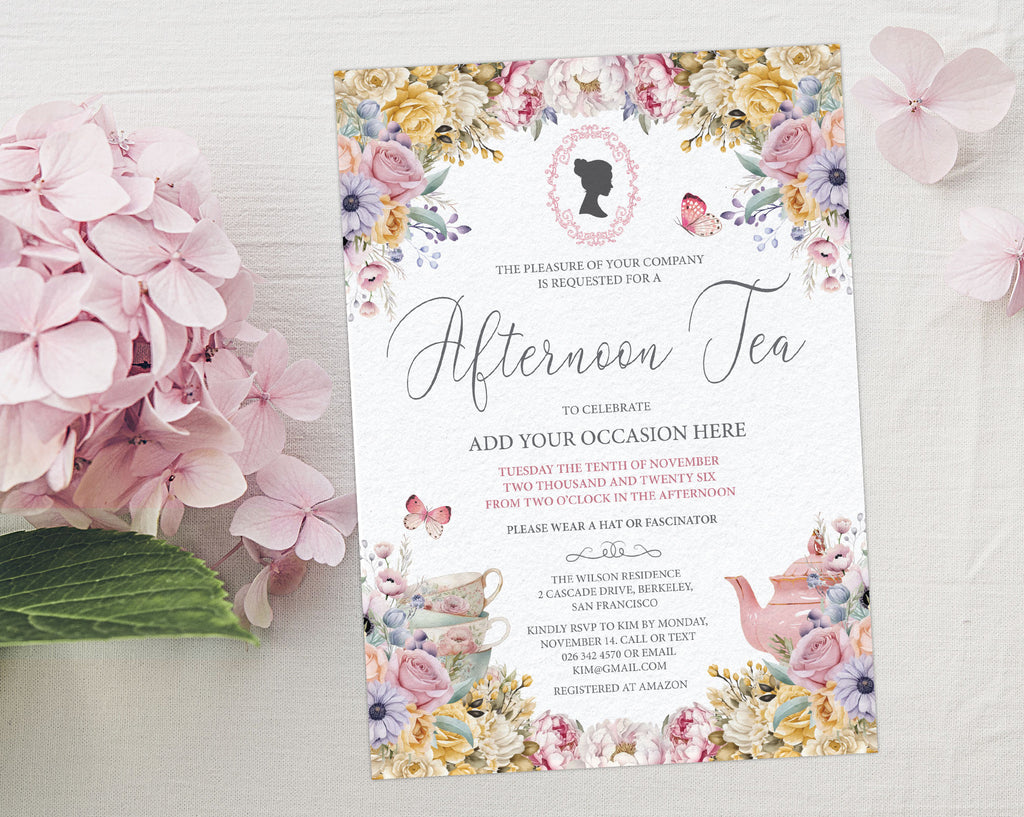 Regency Style Tea Invitation with teapot and teacups and pastel flowers