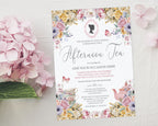 Regency Style Tea Invitation with teapot and teacups and pastel flowers