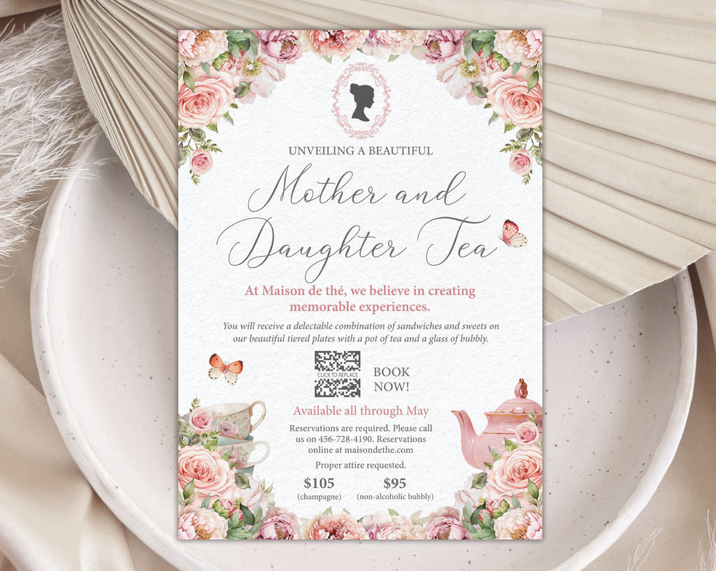 pretty blush pink mother and daughter regency style afternoon tea event invitation with cameo and teapot graphics laying on a white plate with a dried leaf in the background