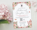 pretty blush pink flower mother and daughter tea event invitation laying on a white textured background next to a pink hydrangea
