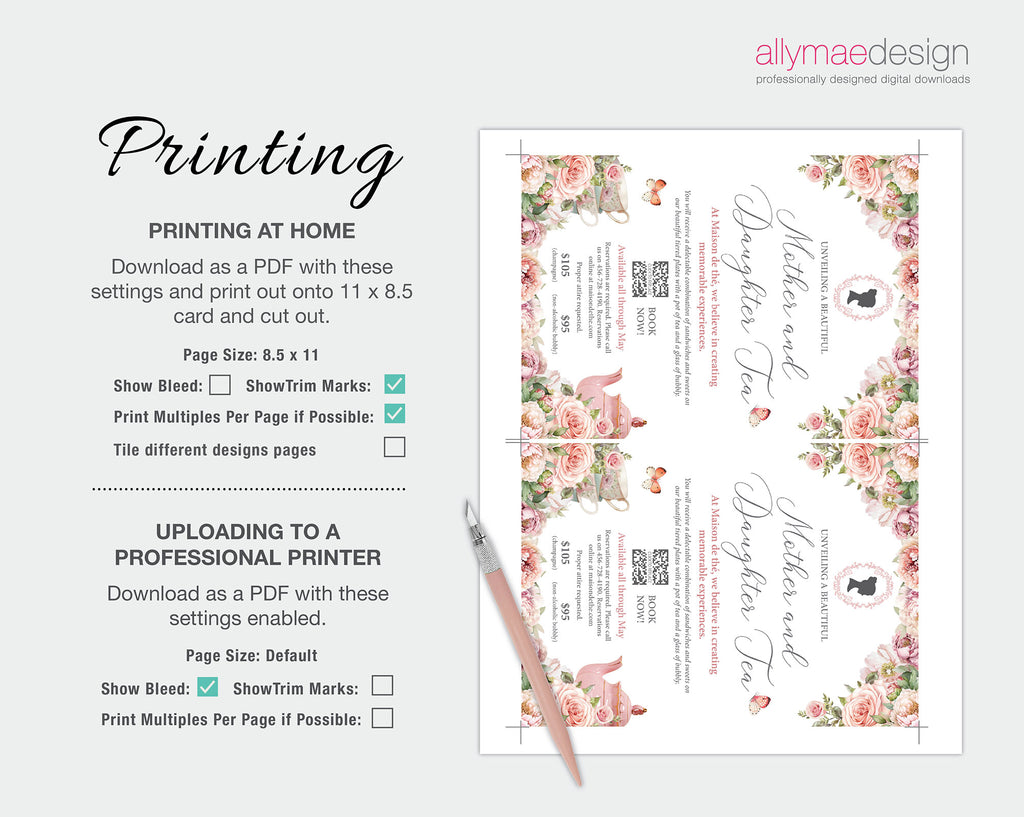 instructions for printing the mother and daughter tea invitation