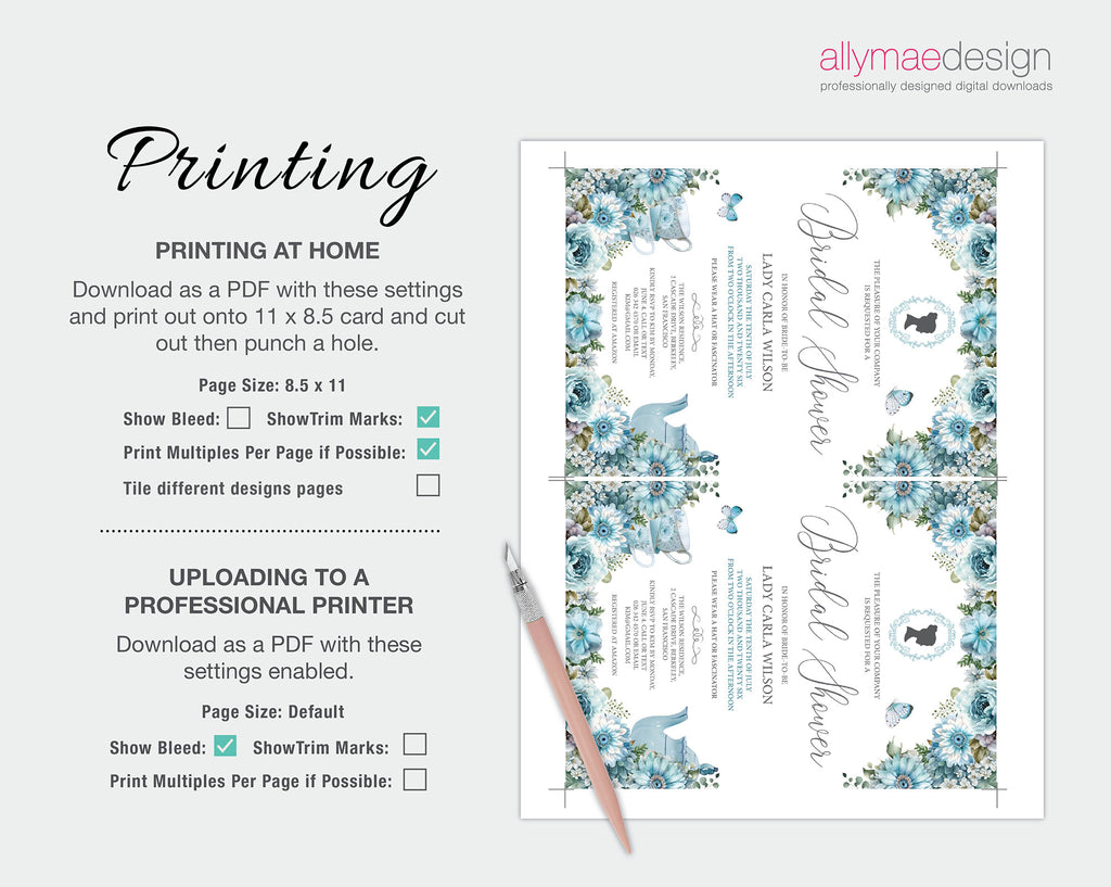 instructions on how to print the dusty blue bridal shower invitation