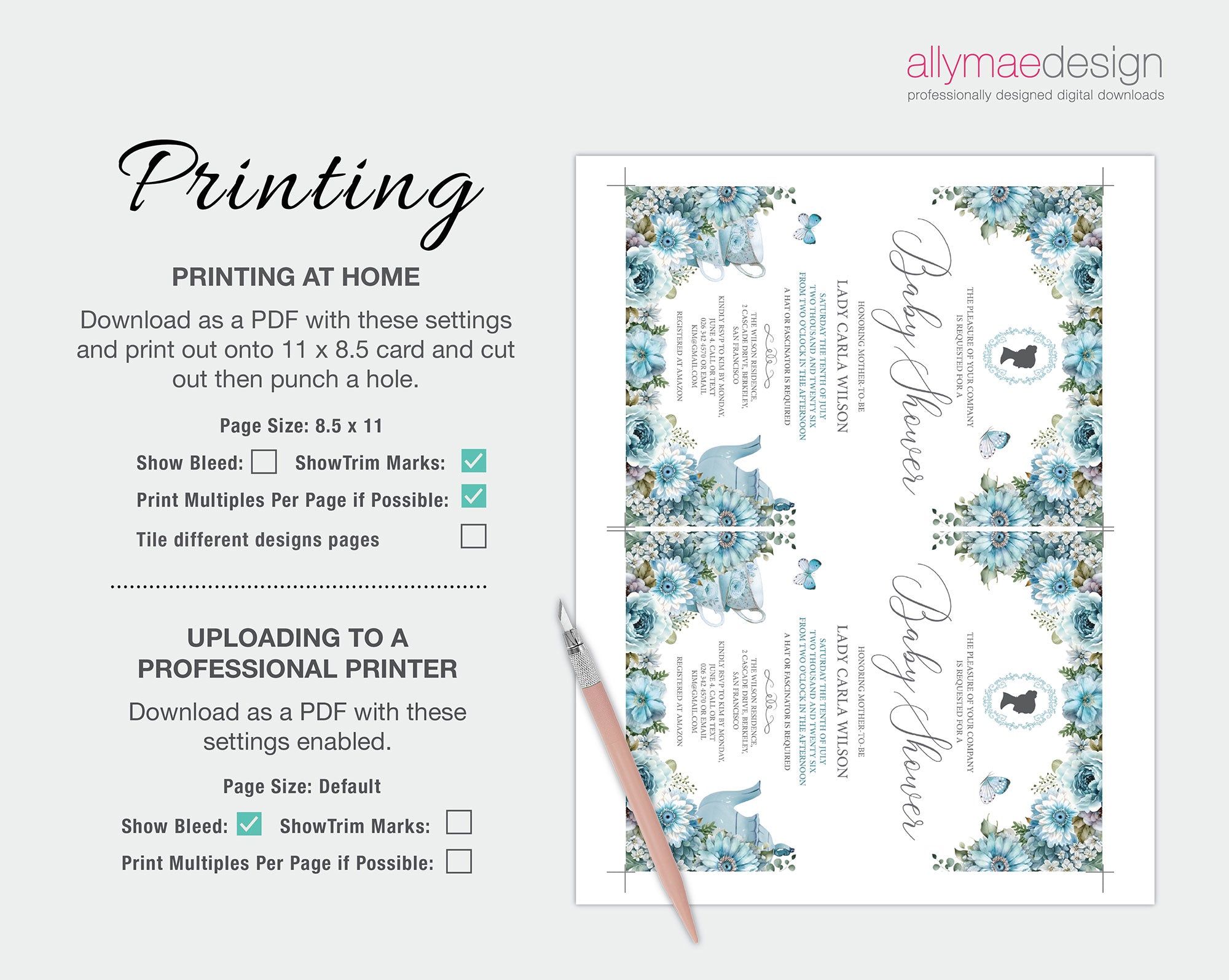 instructions on how to print the dusty blue baby shower invitation