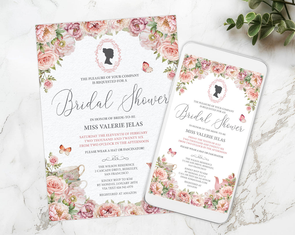 Bridal shower print invitation and mobile invitation with blush pink floral and cameo design on a marble surface