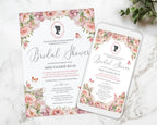 Bridal shower print invitation and mobile invitation with blush pink floral and cameo design on a marble surface