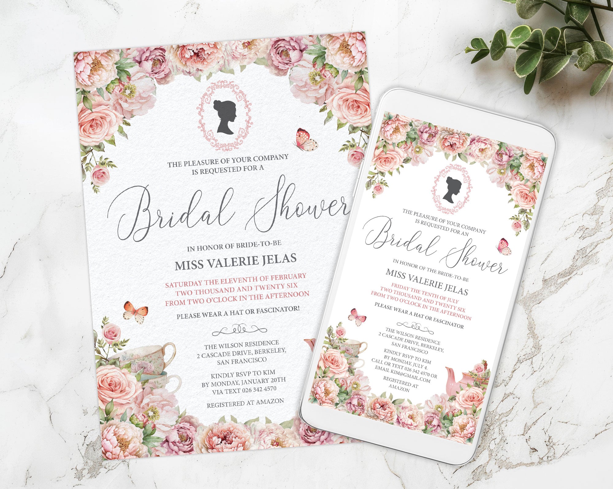 Bridal shower print invitation and mobile invitation with blush pink floral and cameo design on a marble surface