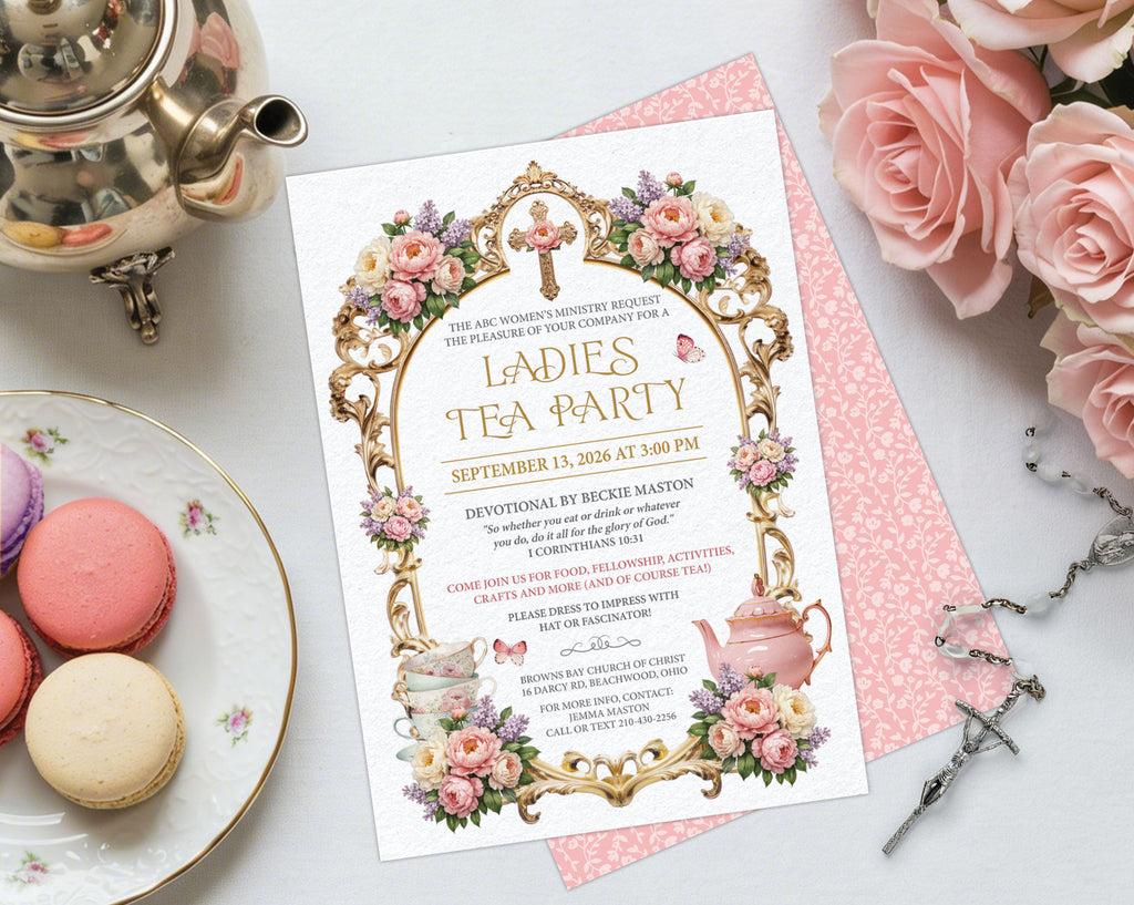 women's ministries pastel flower church tea 5 x 7 invitation with matching back, laying on a white background next to a silver teapot, plate of macarons, pink roses and a rosary
