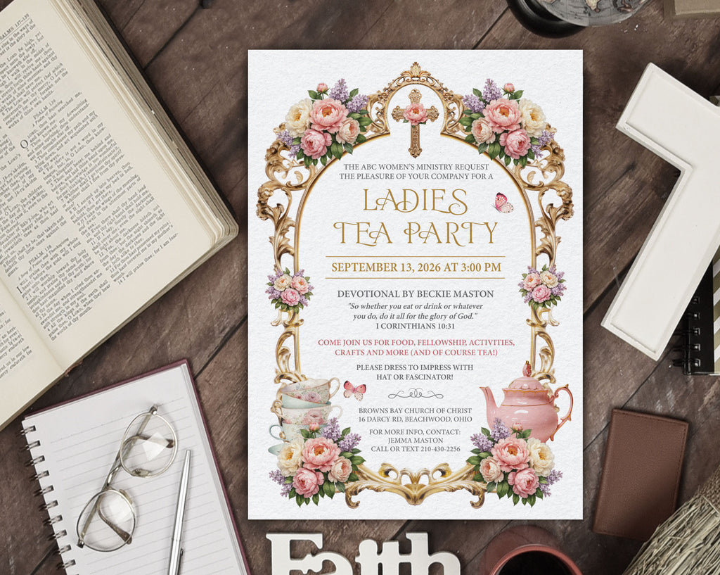 a wooden table with an open bible, notebook, cross and a pastel flower, church ladies tea party invitation