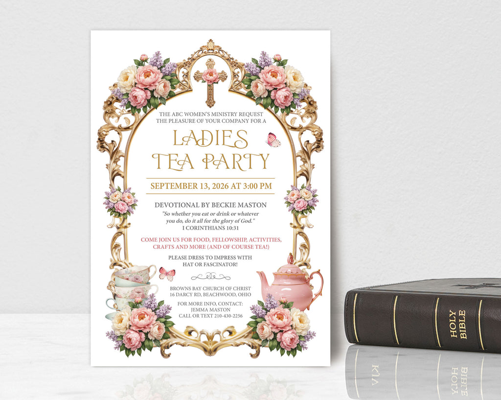 a church ladies afternoon tea invitation with gold ornate frame, pastel peonies, pink teapot, teacups and christian cross graphics leaning up against a white wall next to a black bible