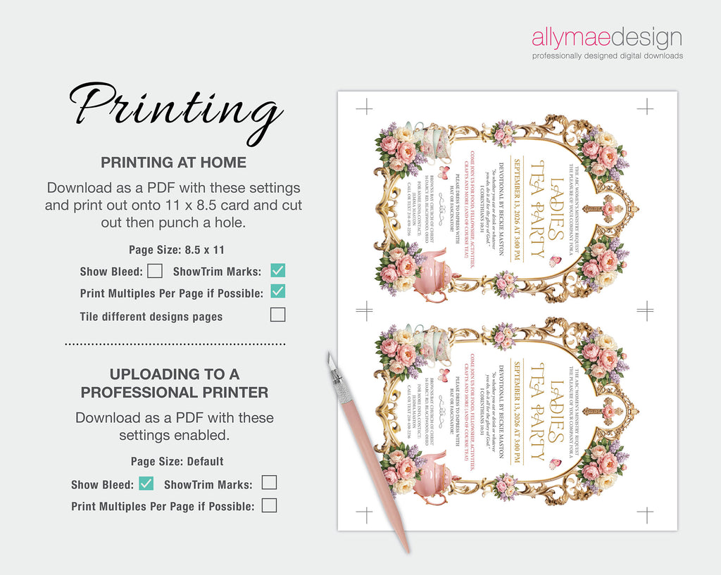 instructions on how to print the women's ministries church ladies tea party invitation