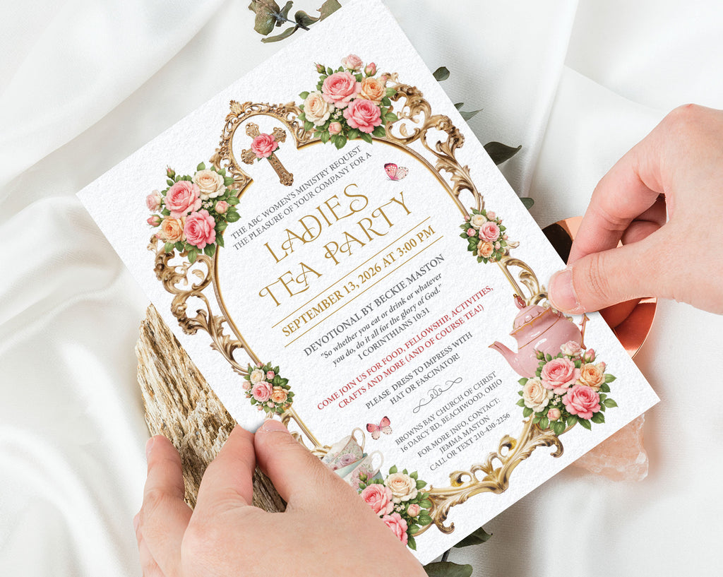 two hands holding a church ladies tea invitation with christian cross and ornate gold frame graphics over a white silk background