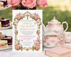a women's ministries church tea invitation on an elegant tea table, leaning against a tiered stand with food, next to a teapot, cups and pink holy bible
