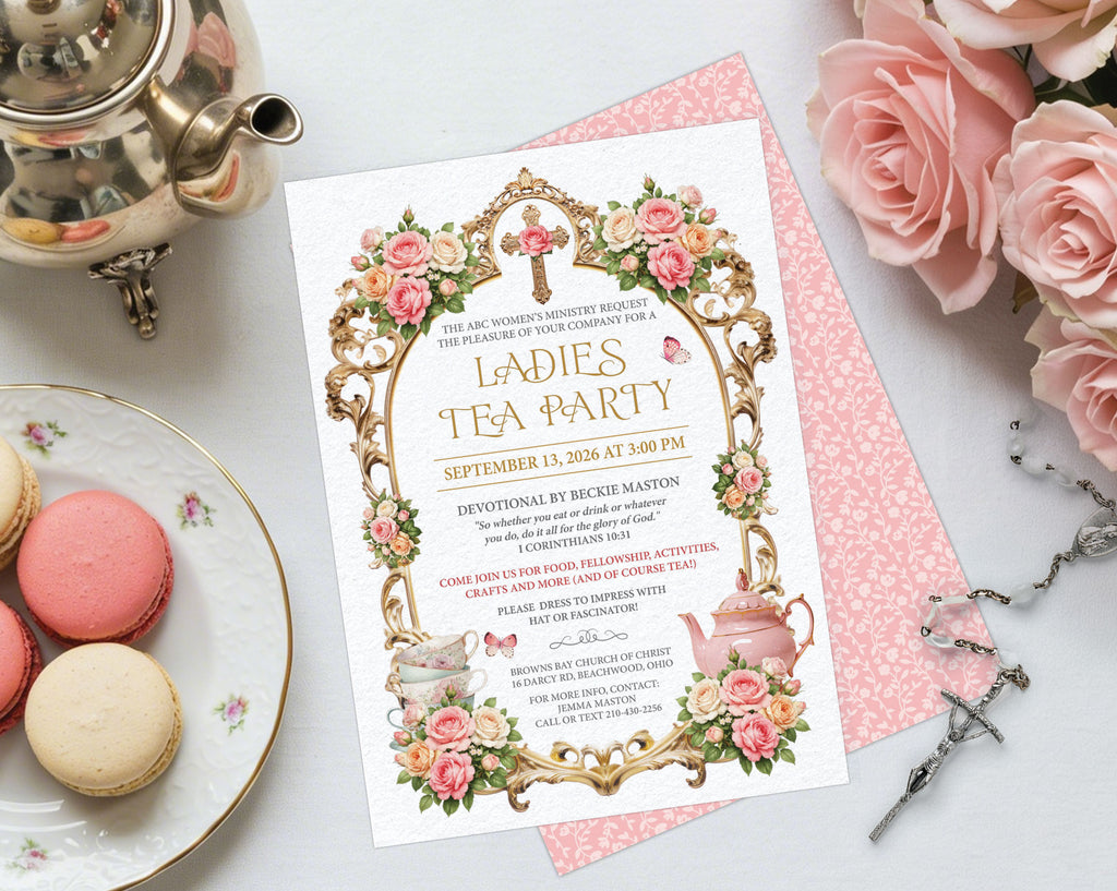 women's ministries church tea 5 x 7 invitation with matching back, laying on a white background next to a silver teapot, plate of macarons, pink roses and a rosary