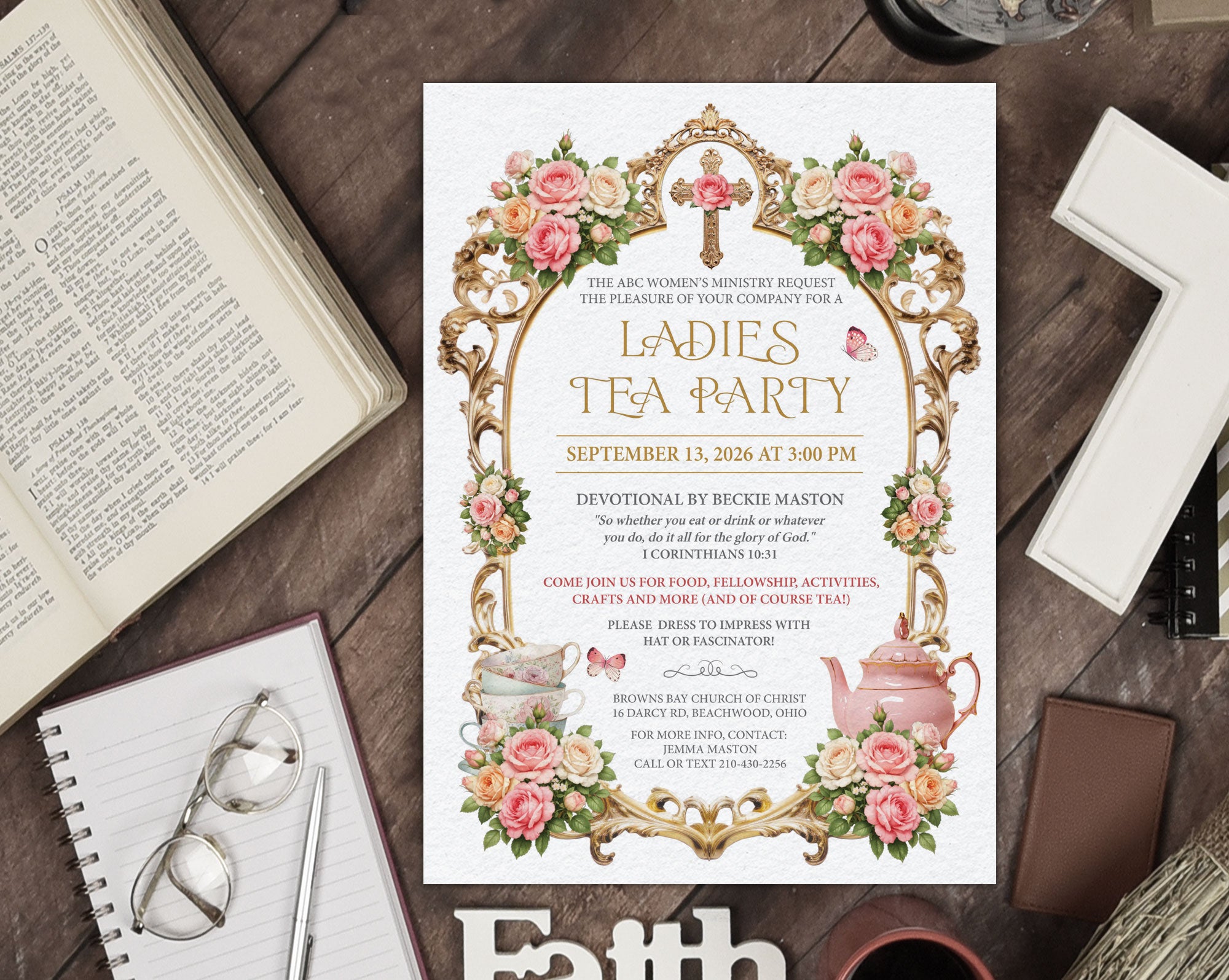 a wooden table with an open bible, notebook, cross and a pink flower church ladies tea party invitation