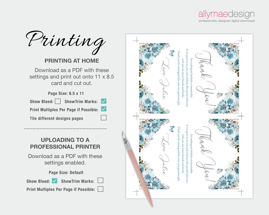 printing instructions for the dusty blue thank you note with butterflies