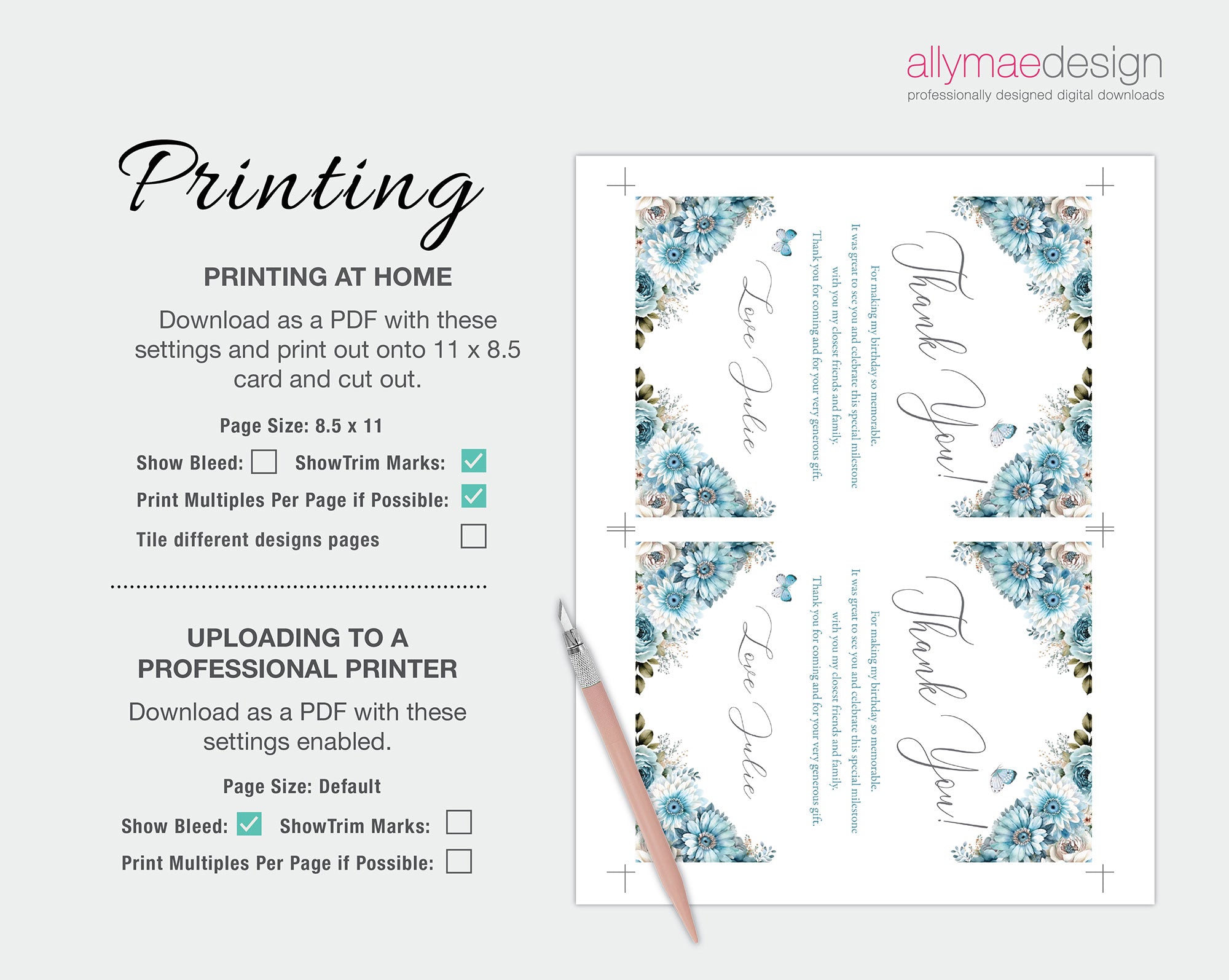 printing instructions for the dusty blue thank you note with butterflies