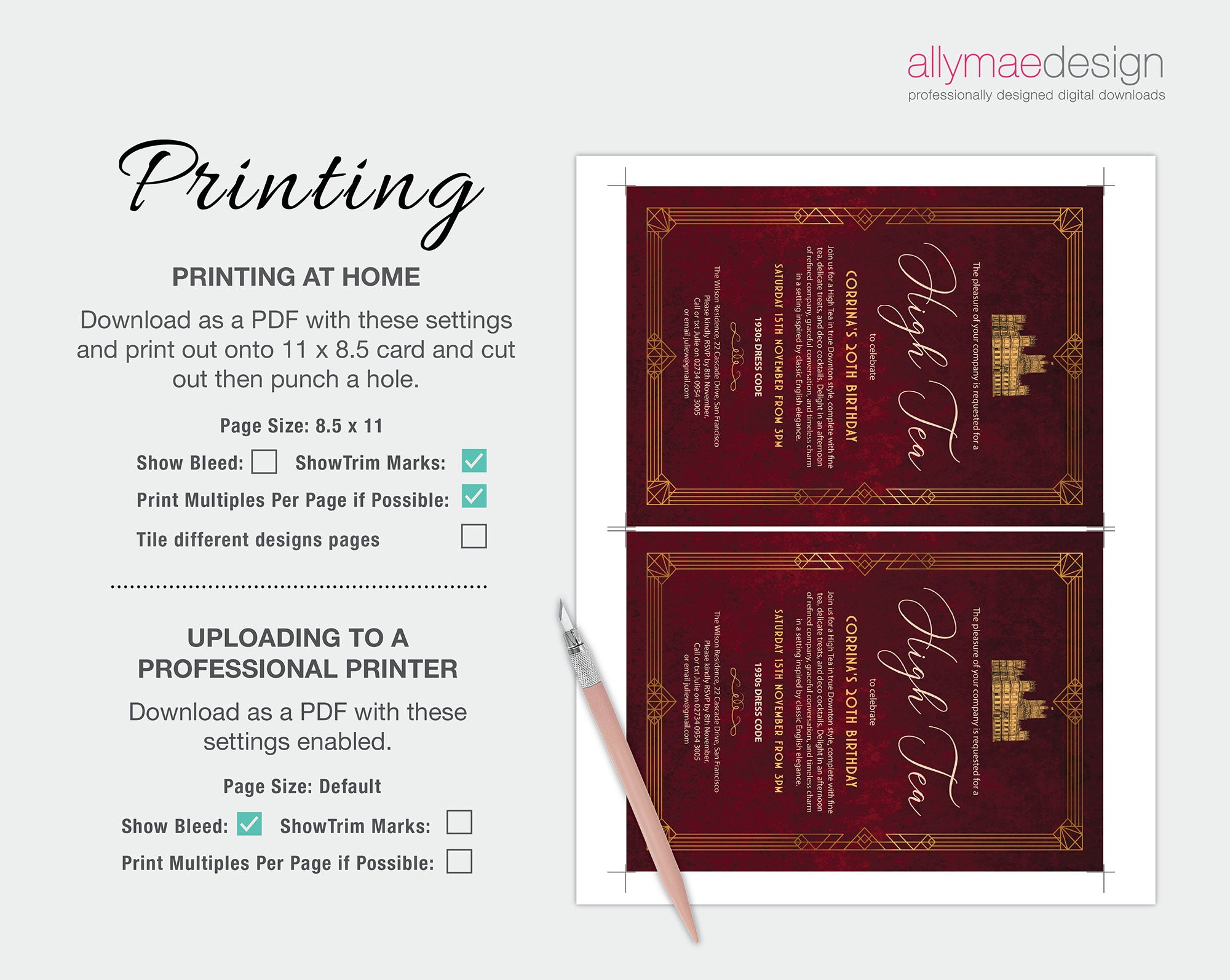 Printing instructions for the art deco downton abbey inspired birthday high tea invitation in burgundy and gold