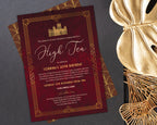 elegant art deco high tea gold and burgundy invitation with gold and red pattern back on a dark grey background with gold leaf and decor
