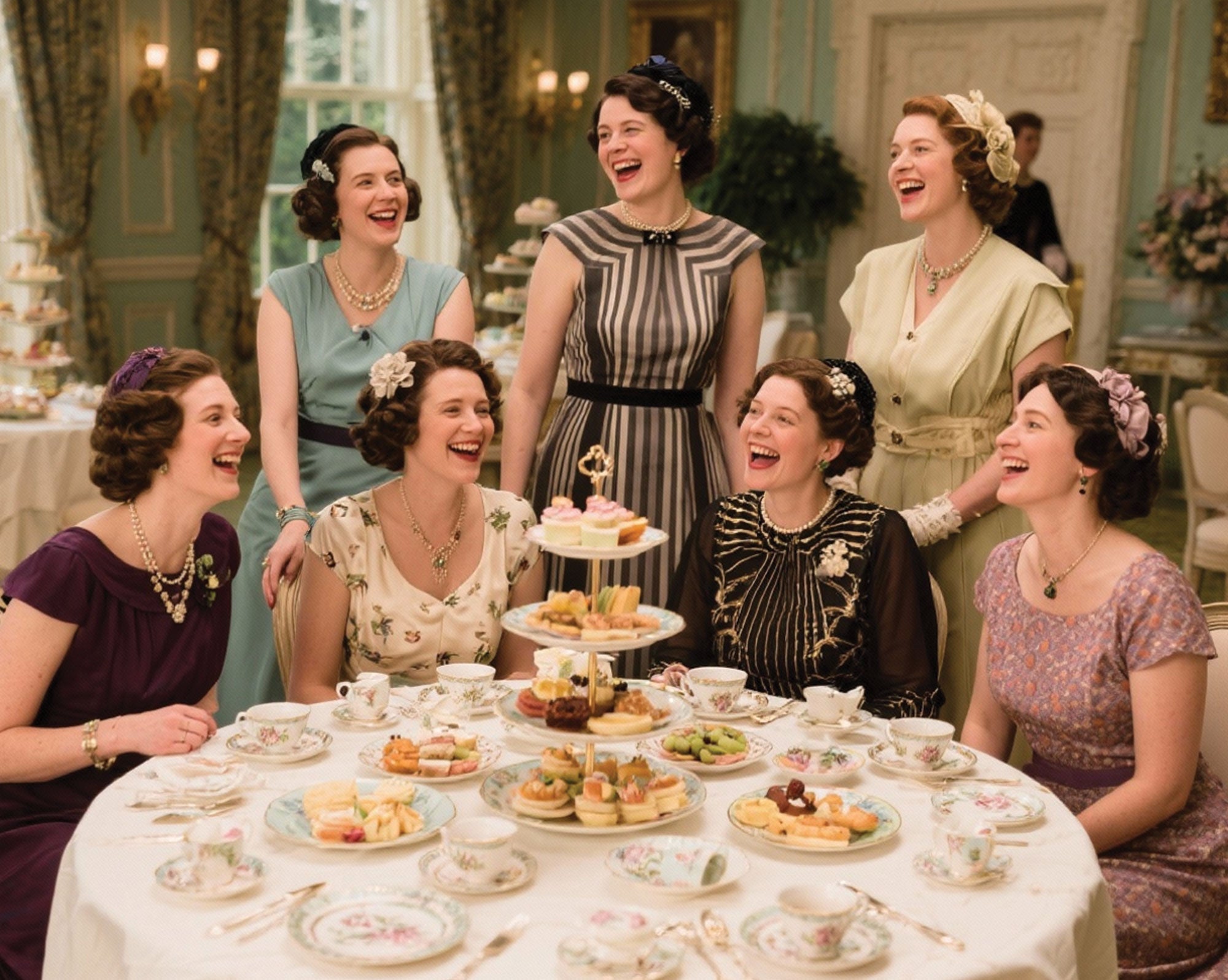A group of women in vintage dresses laughing around a table set for tea. The table is laden with pastries, sandwiches, and teacups. The women are wearing necklaces and headbands.