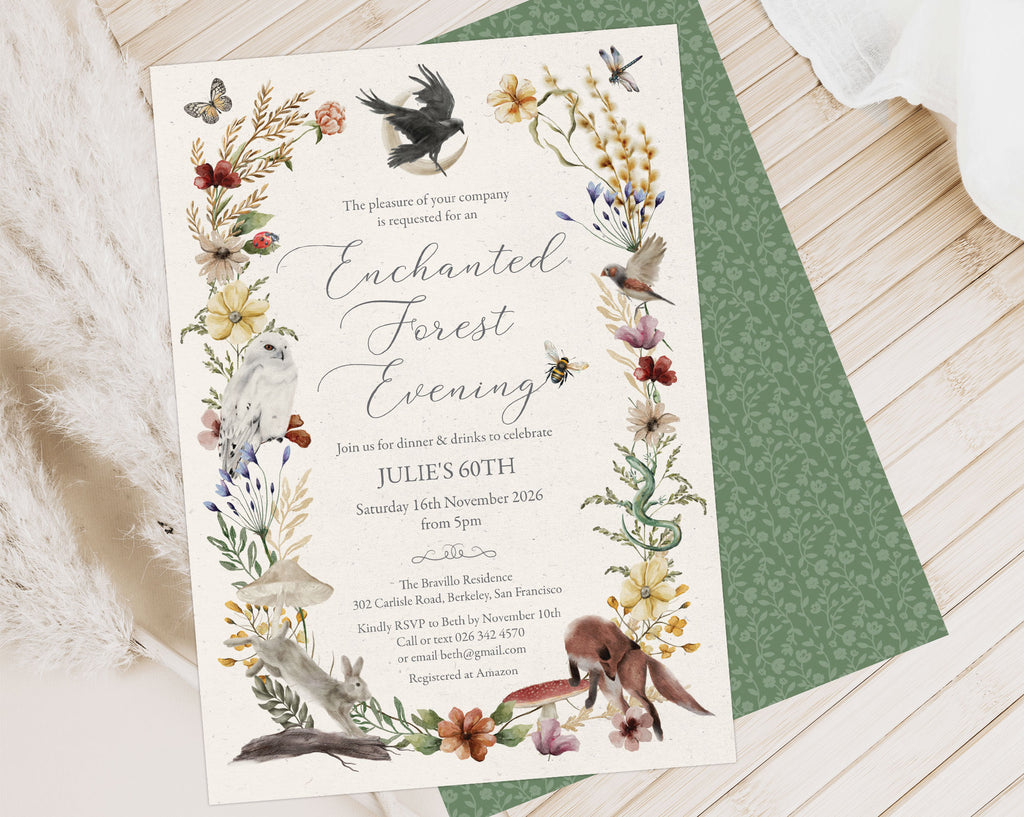 a recycled looking enchanted dinner invitation laying on a wooden surface, on top of another invitation showing the green pattern back