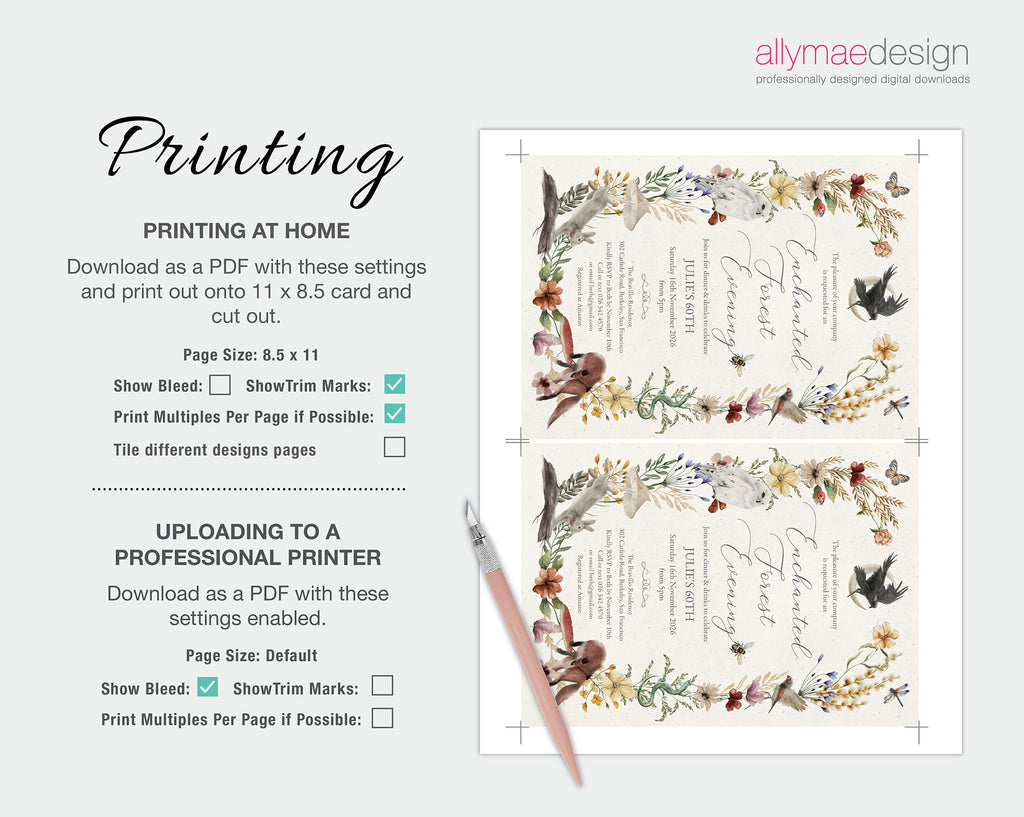 printing instructions for the enchanted forest dinner invitation