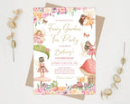 kid's birthday fairy garden tea invitation laying on a brown envelope on a grey background