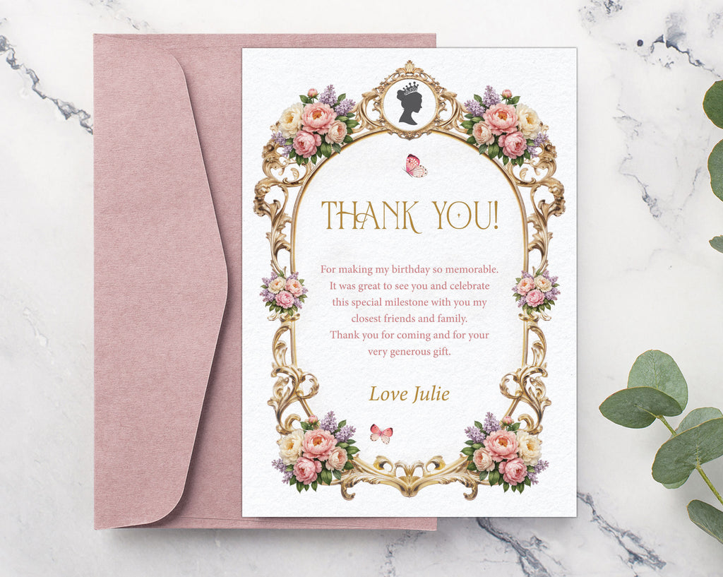 Pretty thank you note with pastel peonies, gold freame, cameo graphics laying on a blush pink envelope on a marble surface