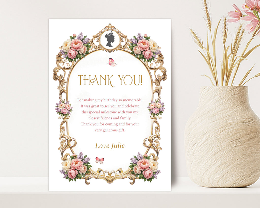 pretty pastel flower 5 x 7 or 4 x 6 thank you note, with gold frame, leaning up against a wall next to a vase of dried pink flowers
