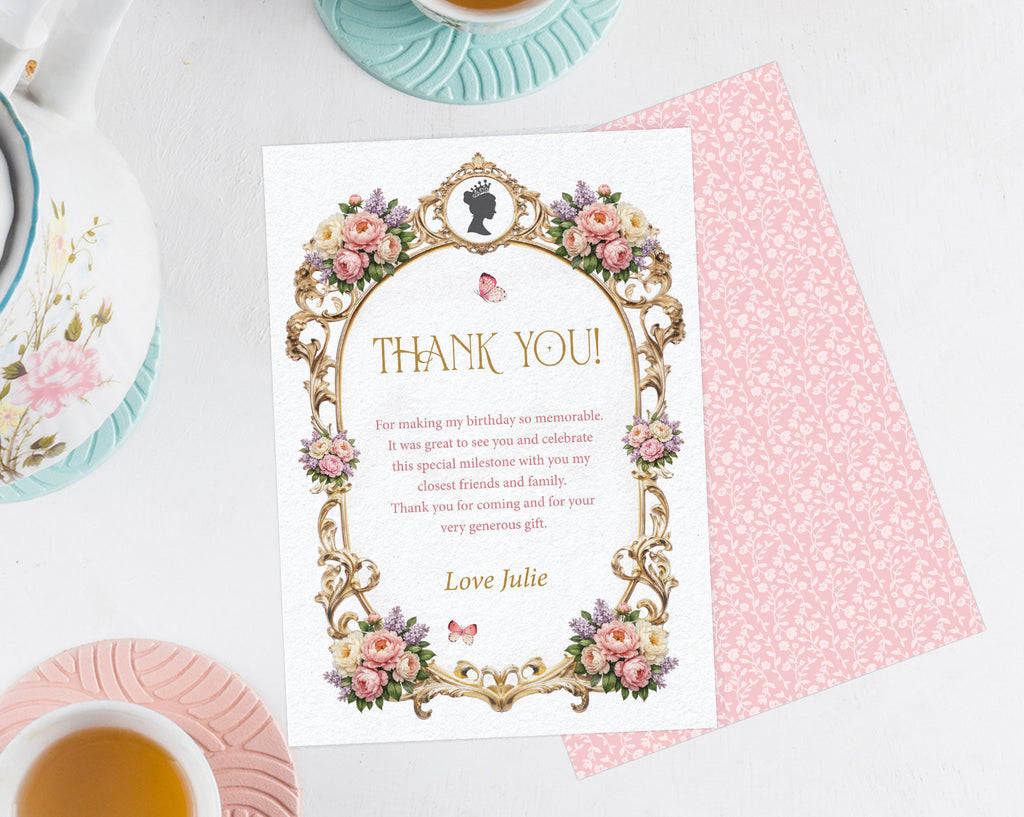 pastel tea service next to a thank you note with a pretty pink pattern back