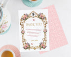 pastel tea service next to a thank you note with a pretty pink pattern back