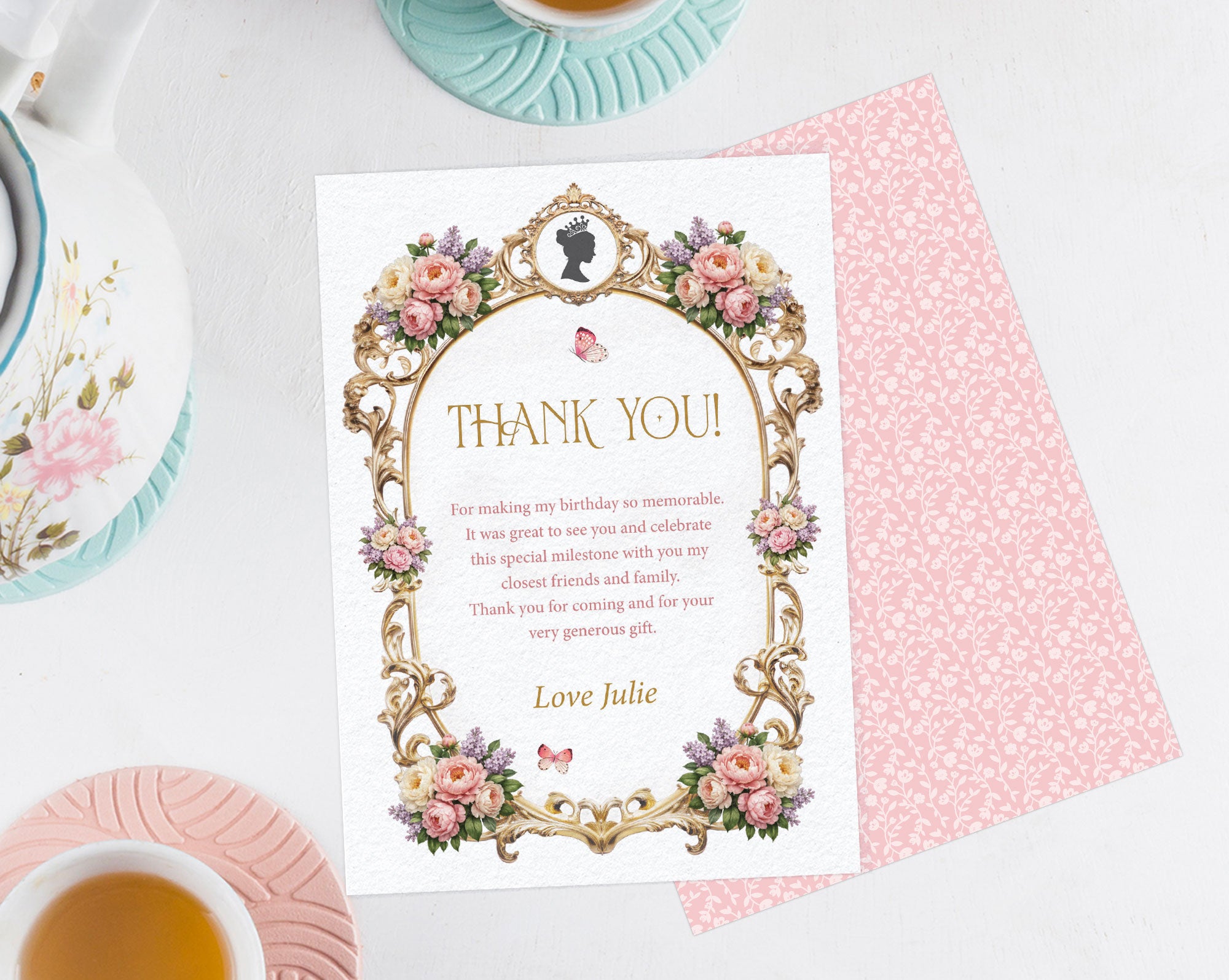 pastel tea service next to a thank you note with a pretty pink pattern back