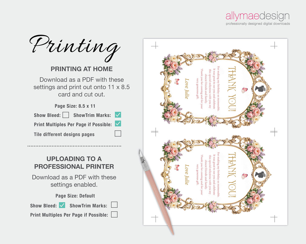 printing instructions for the royal thank you note with pastel peony flowers, gold frame and cameo