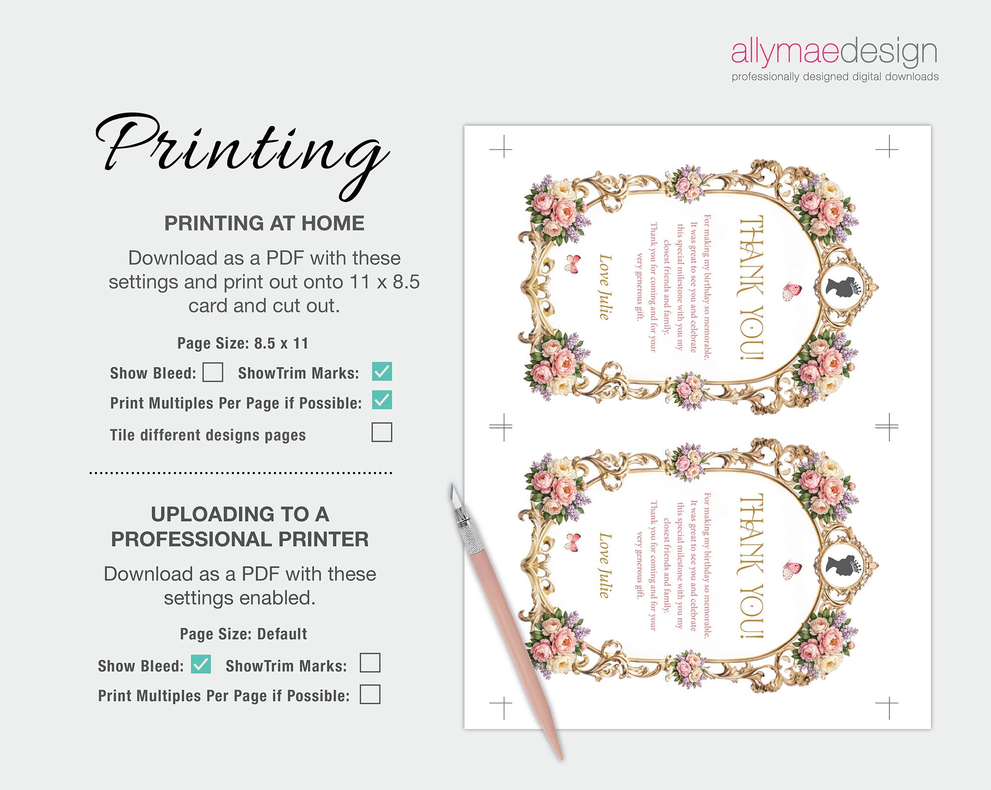 printing instructions for the royal thank you note with pastel peony flowers, gold frame and cameo