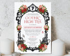 pretty gothic regency tea invitation with pink and red flowers, black ornate frame, teapot leaning up against a white concrete wall with two white candles either side