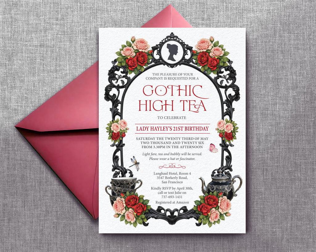 an elegant regency gothic red, pink and black tea invitation lying on a red envelope on a grey textured background