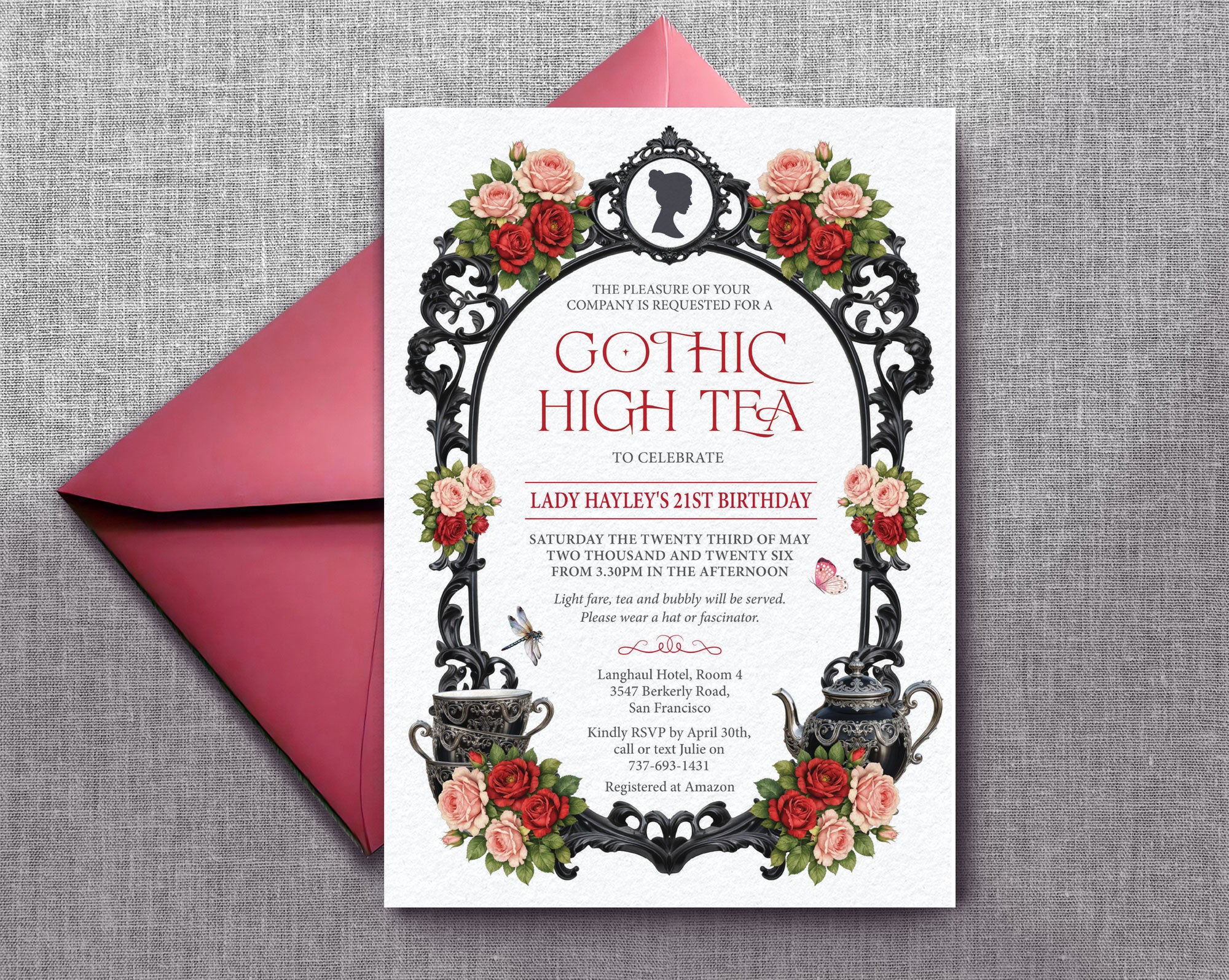 an elegant regency gothic red, pink and black tea invitation lying on a red envelope on a grey textured background