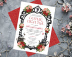 black, red, pink regency gothic tea party invitation with black ornate frame, cameo, dragonfly and flowers on a grey background with a vine