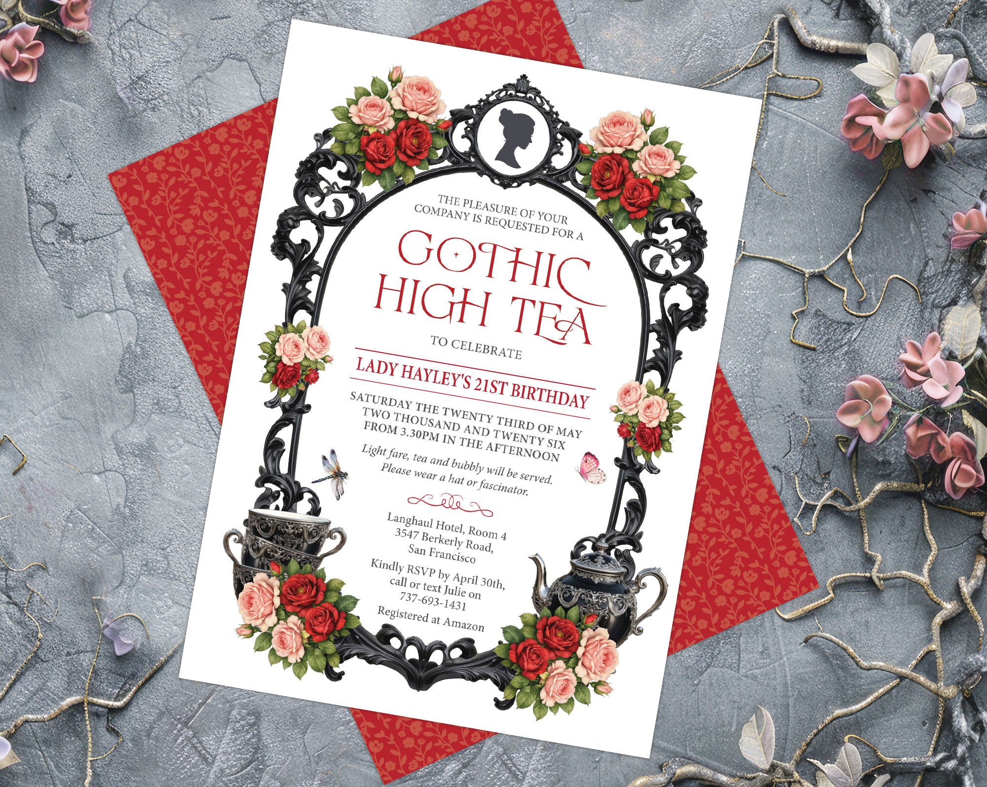 black, red, pink regency gothic tea party invitation with black ornate frame, cameo, dragonfly and flowers on a grey background with a vine