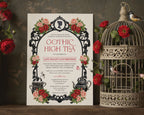 Pretty bird cage with birds and red flowers with a 5 x 7 regency gothic high tea invitation leaning against it