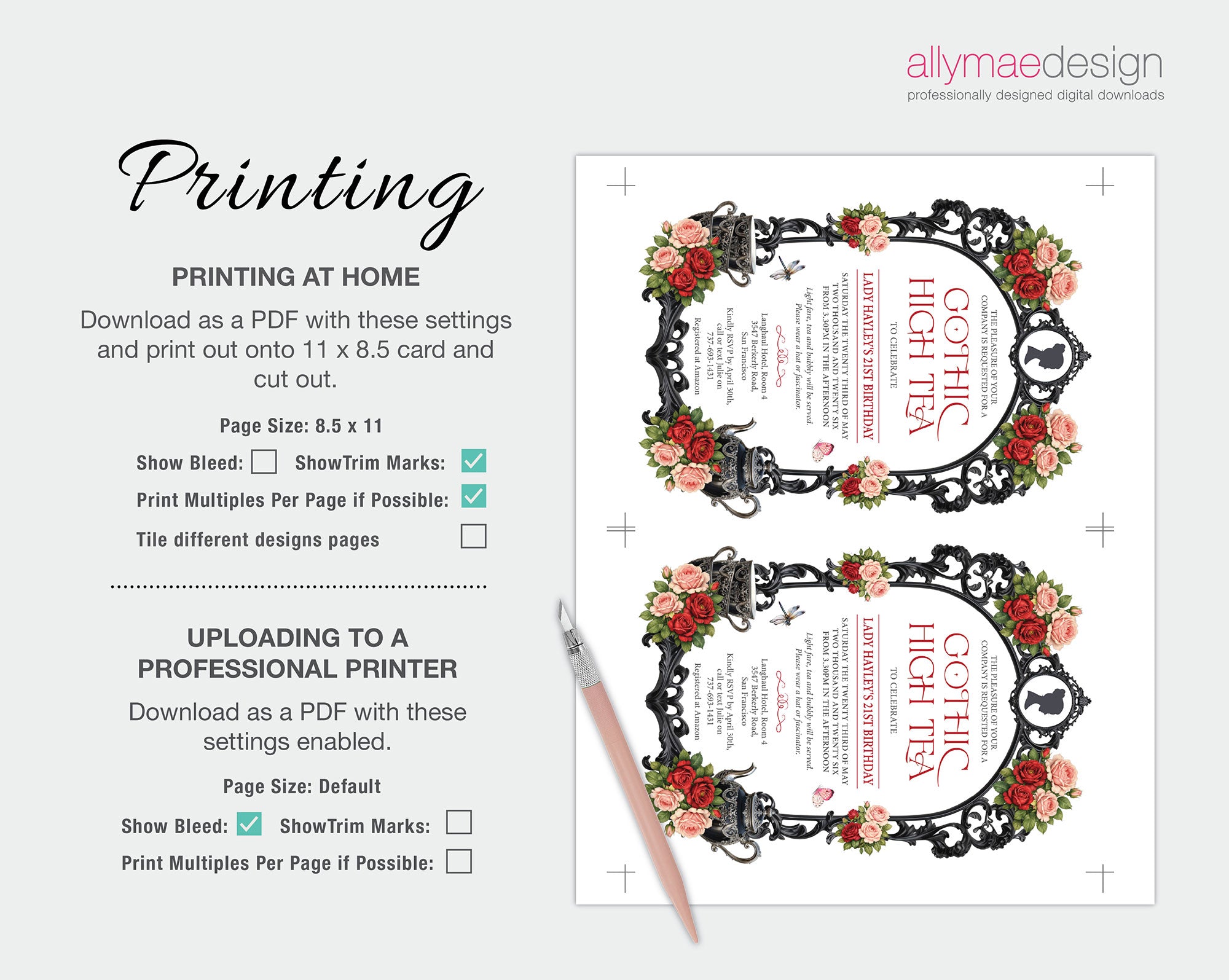 printing instructions for the gothic black and red high tea invitation