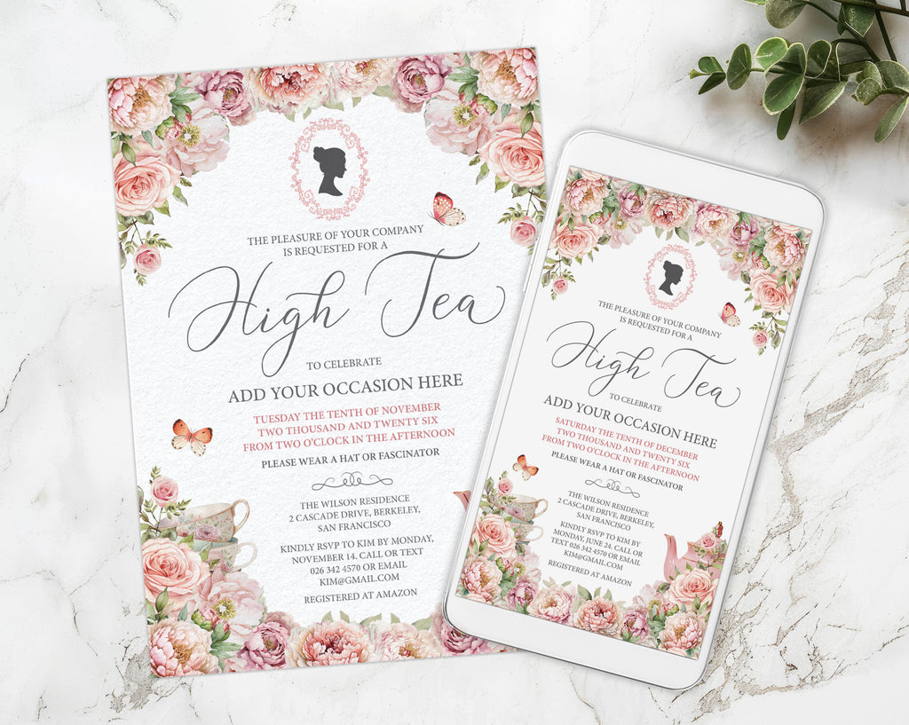 High Tea 5x7 invitation and mobile invitation with floral design and cameo on a marble surface