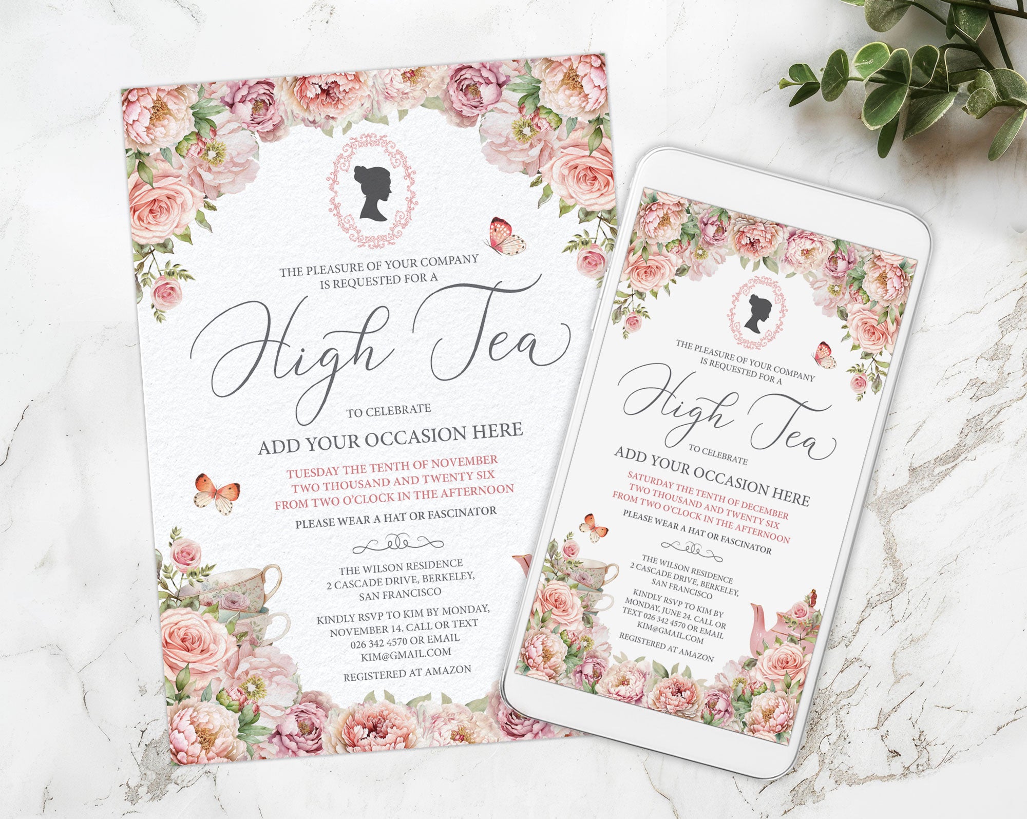 High Tea 5x7 invitation and mobile invitation with floral design and cameo on a marble surface