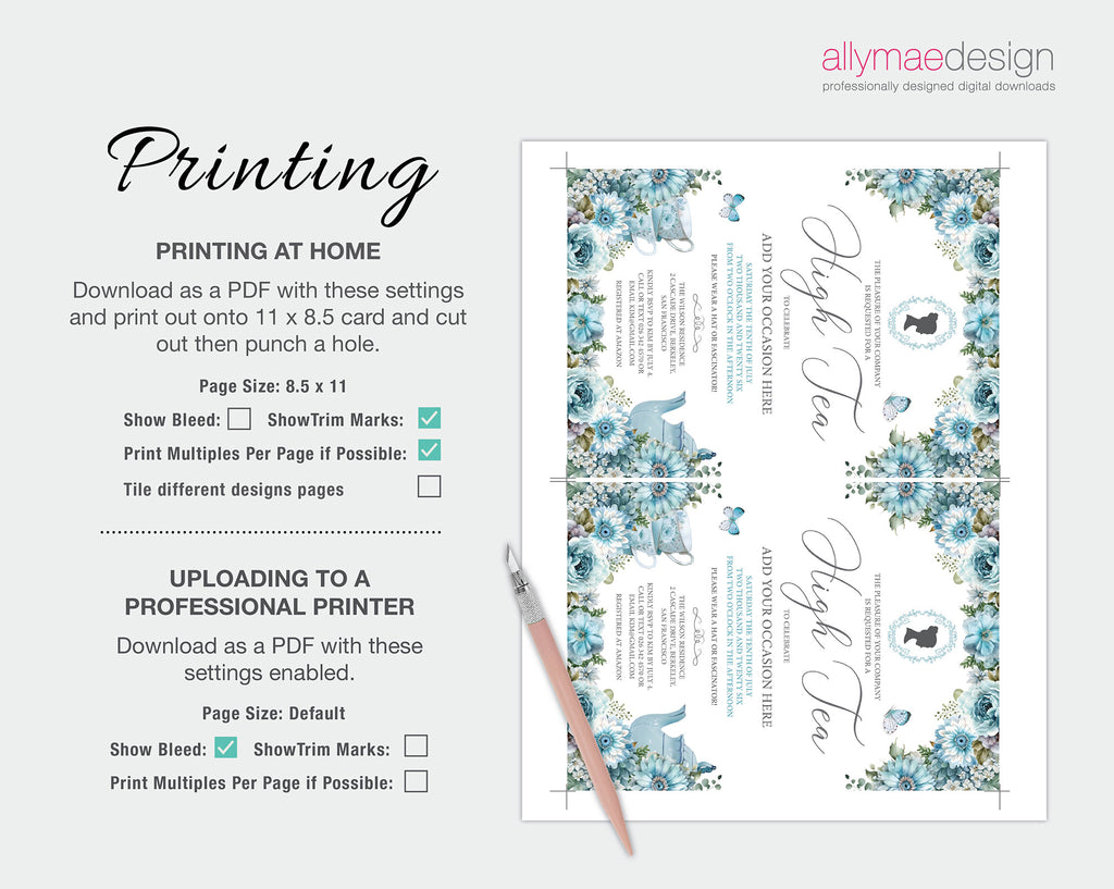 printing Instructions for the high tea invitation dusty blue design with floral elements on a white background.