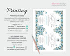 printing Instructions for the high tea invitation dusty blue design with floral elements on a white background.