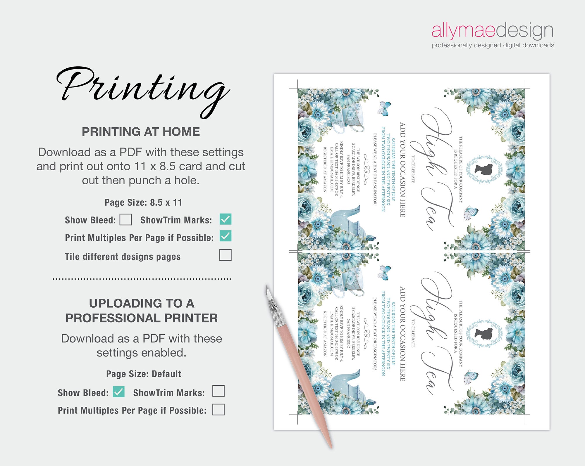printing Instructions for the high tea invitation dusty blue design with floral elements on a white background.
