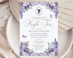 pretty lavender colored flower high tea invitation laying on a white plate with a dried leaf in the background